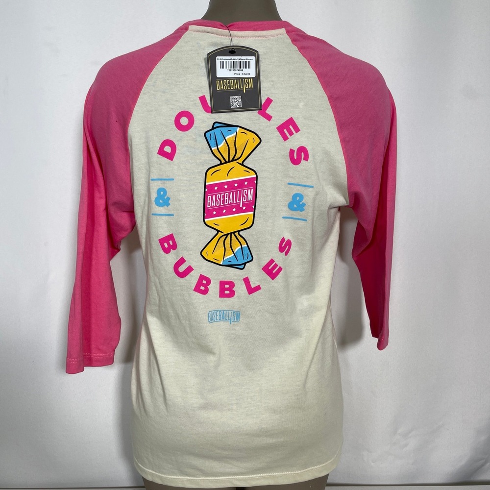 Doubles & Bubbles Baseballism Pink Cream Raglan Baseball TShirt Womens SMALL NWT
